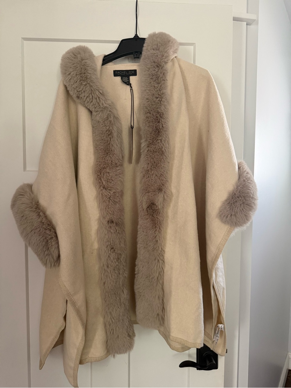 Rachel Zoe Cream Hooded Cape with Taupe Faux-Fur Trim